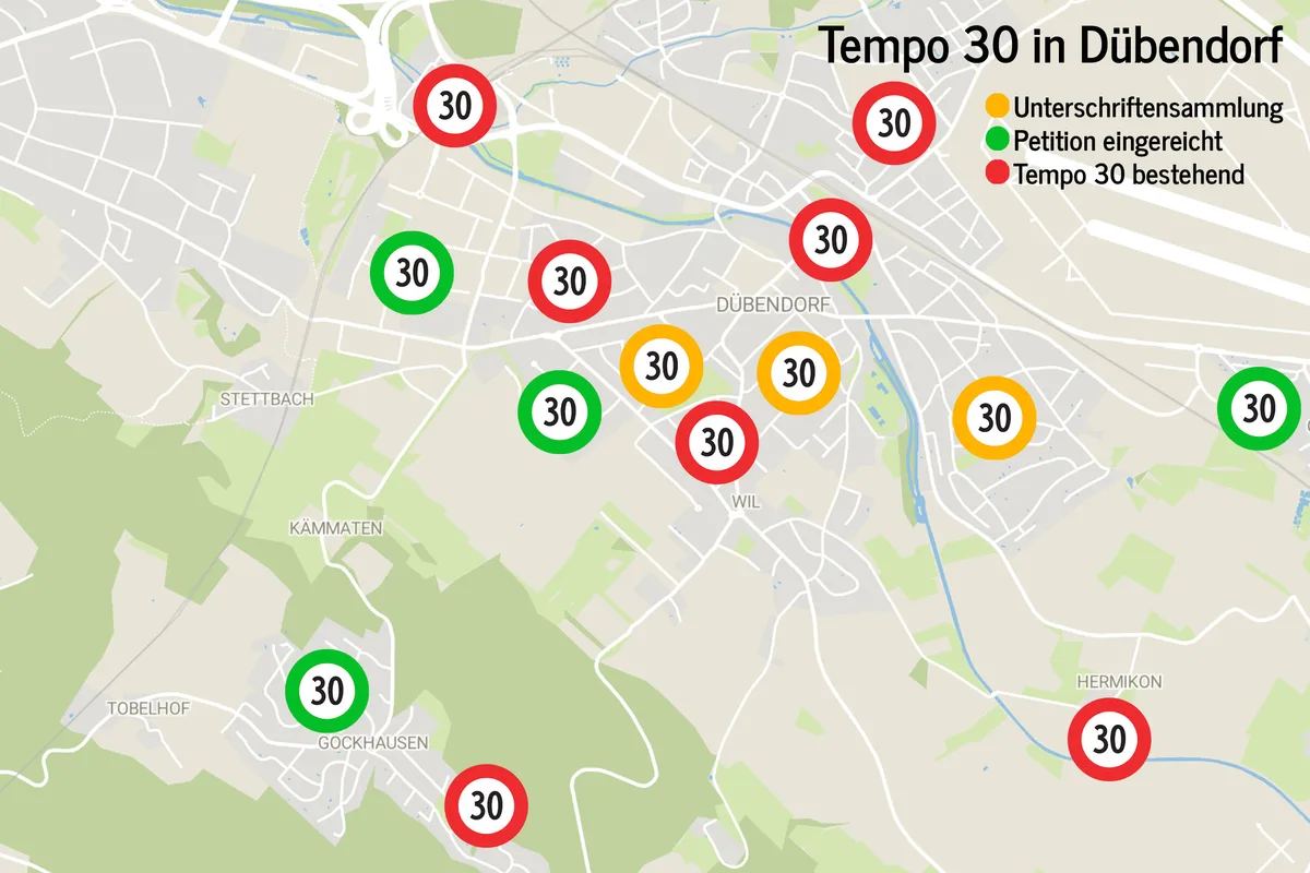 Eine Karte mit eingezeichneten Tempo-30-Zonen.